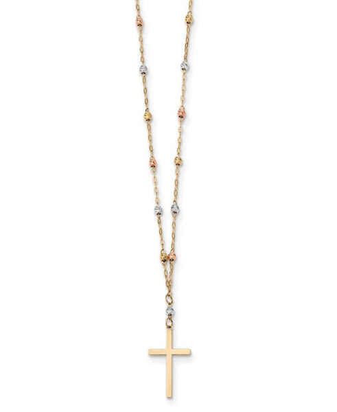 Tricolor Beaded Cross 17" Pendant Necklace in 14k Yellow, White & Rose Gold