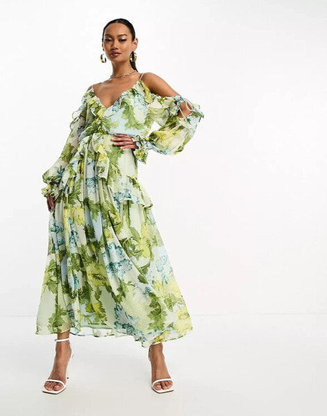 ASOS DESIGN ruffle off shoulder midi dress in green based blue floral