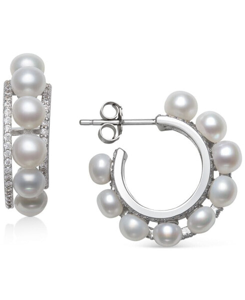 Cultured Freshwater Button Pearl (4mm) & Cubic Zirconia Small Hoop Earrings in Sterling Silver, Created for Macy's