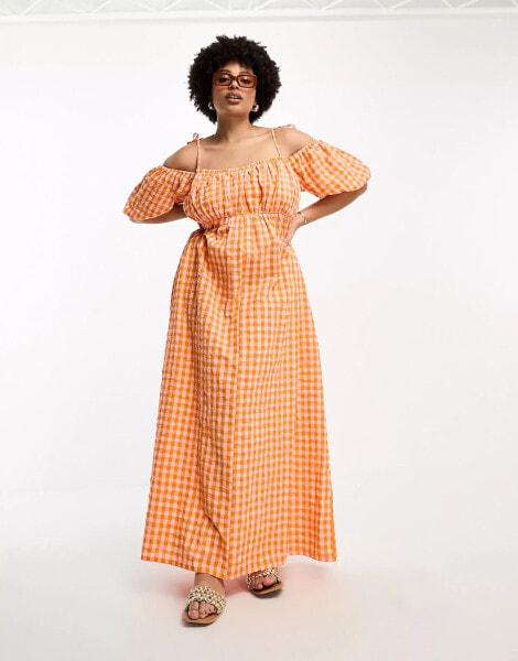 ASOS DESIGN Curve off shoulder cotton maxi dress with ruched bust detail in pink and orange gingham