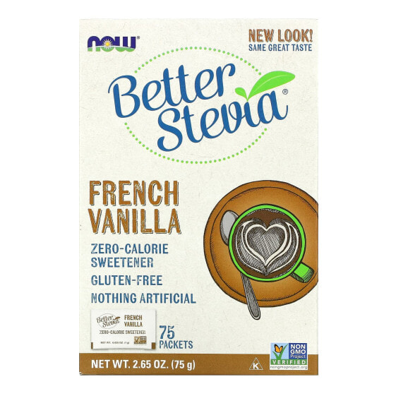 NOW Foods, стевия BetterStevia, сахарозаменитель с нулевой калорийностью, французская ваниль, 75 пакетиков по 1 г в каждом