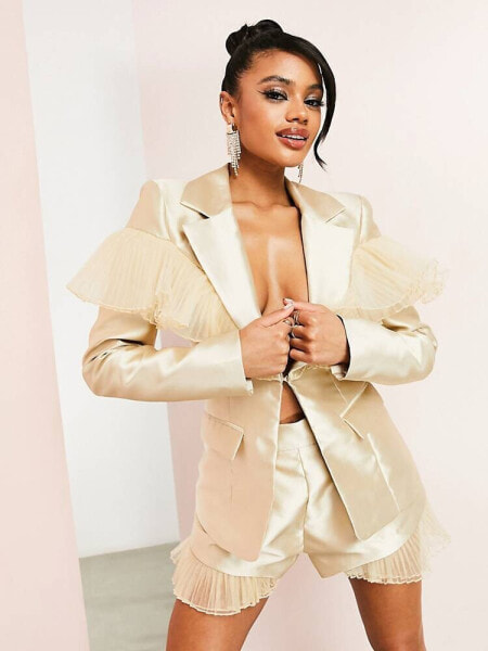 ASOS LUXE suit blazer with tulle detail in oyster