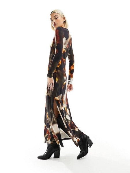 AllSaints Katlyn Mars long sleeve printed maxi dress in rust brown