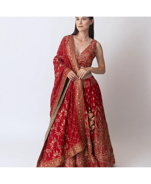 Women's Hand Embroidered Red Banarasi Silk Lehenga Choli