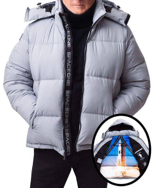 Men's Nasa Inspired Hooded Puffer Jacket with Printed Astronaut Interior