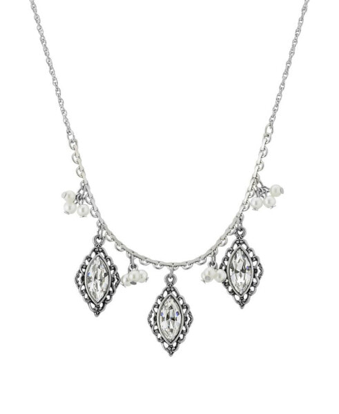 Silver-Tone Diamond Crystal Imitation Pearl Cluster Drop 16" Adjustable Necklace