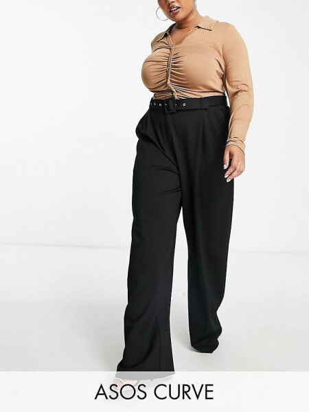 ASOS DESIGN Curve – Ponte-Hose in Schwarz mit weitem Schnitt und integriertem Gürtel