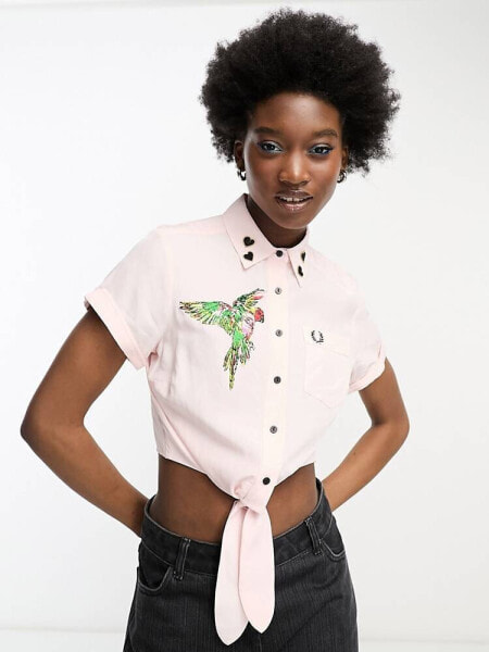 Fred Perry x Amy Winehouse embroidered tie front shirt in pink 