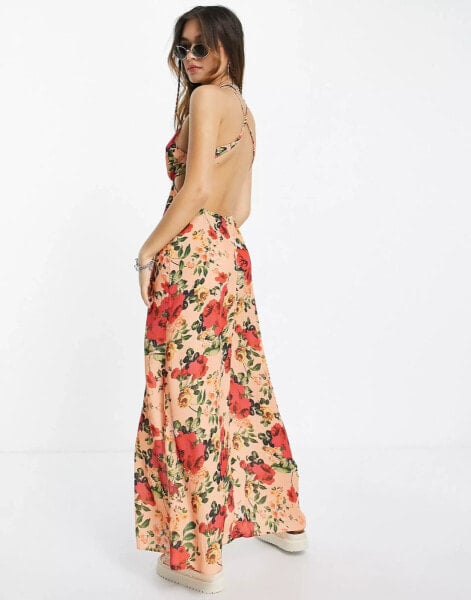 ASOS DESIGN – Maxi-Sommerkleid mit Rosenprint, Trägern und tiefem Wickelausschnitt am Rücken