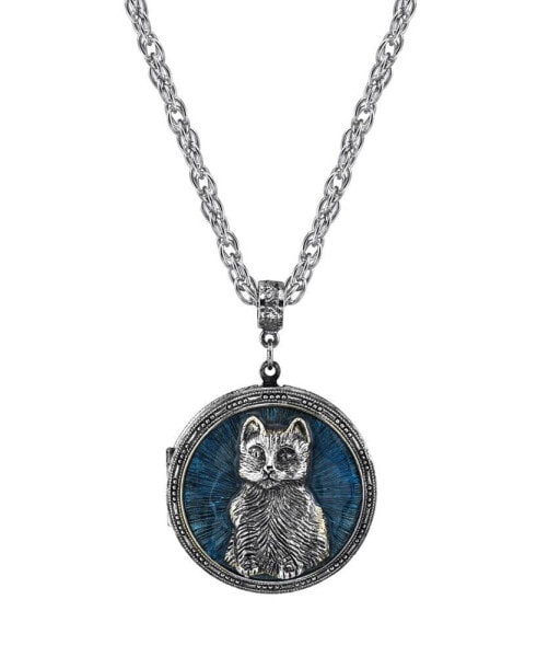 2028 pewter Cat Locket with Blue Enamel Necklace 30"