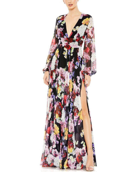 Mac Duggal Floral Print Illusion V Neck Gown Women's