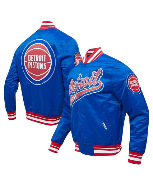 Men's Blue Detroit Pistons Script Tail Full-Snap Satin Varsity Jacket