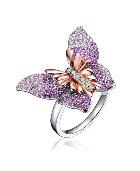 Elegant Sterling Silver & Rose Gold-Plated Multicolor Cubic Zirconia Butterfly Ring