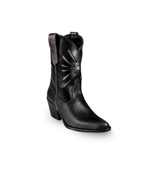 Women's Italian Western Black Premium Leather Boots Fireworks by