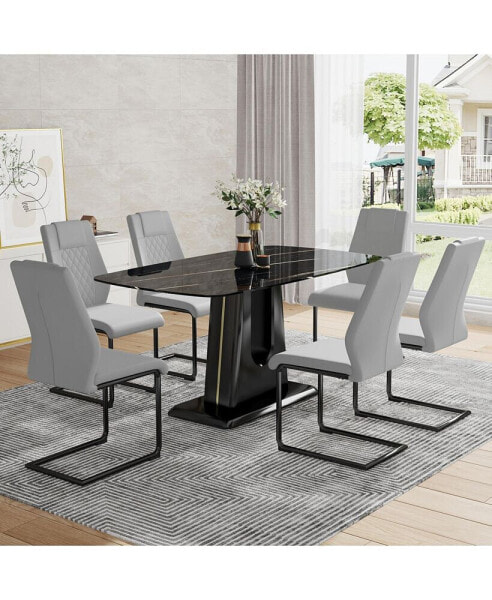 Table and chair set, minimalist dining table, imitation marble patterned glass tabletop, MDF legs with U-shaped brackets. Paired with comfortable chairs, suitable for dining and living rooms.