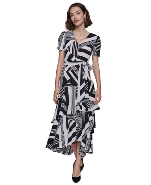 Women's Printed Tie-Waist Tiered V-Neck Dress