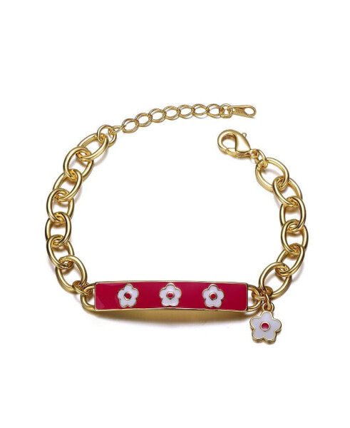 14k Yellow Gold Plated Bar Bracelet with Hot Pink Enamel and a Flower Charm for Kids