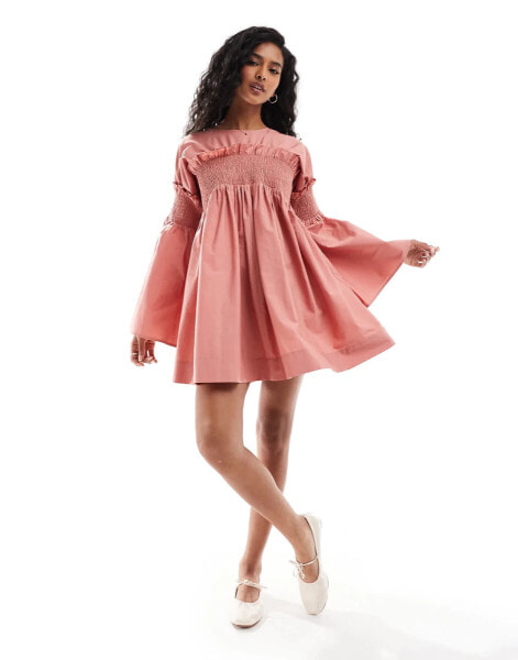 ASOS DESIGN shirred cotton mini dress with flare sleeve in rose