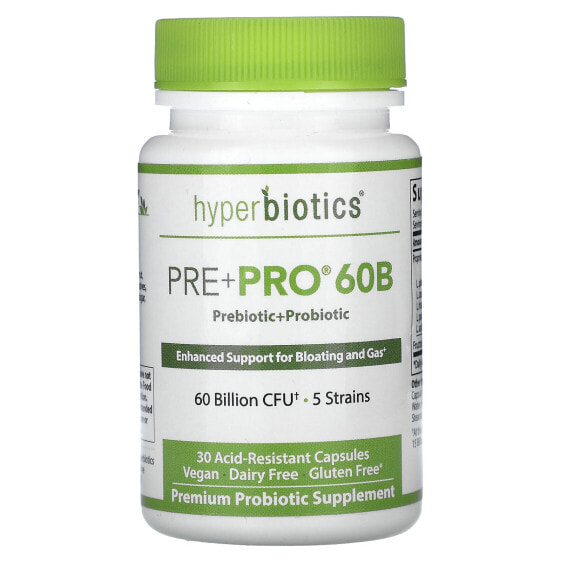 Hyperbiotics, Pre + Pro 60B, 60 млрд КОЕ, 30 кислотостойких капсул