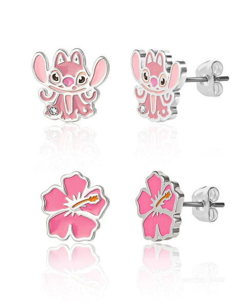 Lilo and Stitch Silver Plated Angel & Flower Stud Earring Set