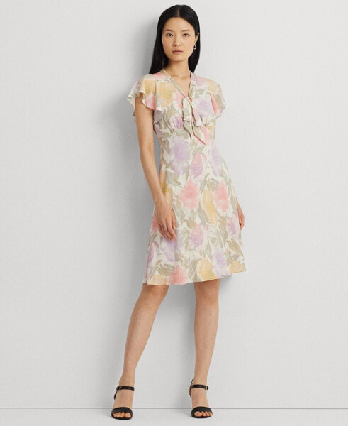 Women's Floral Bubble Crepe Tie-Neck Dress