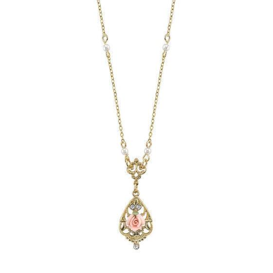 Gold-Tone Crystal and Pink Porcelain Rose Simulated Pearl Necklace 17"