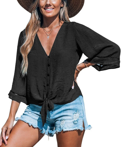 Women's Flared Sleeve and Tied-Waist Cover-Up Top