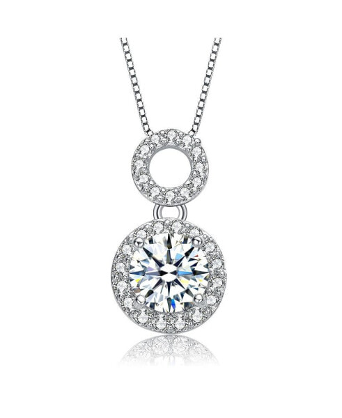 White Gold Plated with Cubic Zirconia Solitaire Double Halo Drop Pendant Necklace