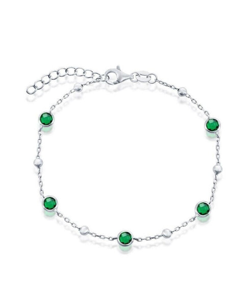 Sterling Silver Bezel-Set and CZ Bead Bracelet (White, Green, Blue Or Red)