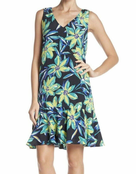 Karen Kane 156415 Women's V-Neck Flounce Ruffle Hem Print Dress Sz. Large