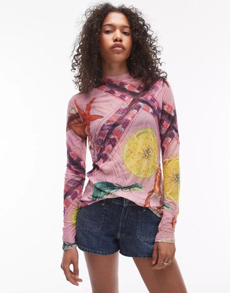 Topshop marble print crinkle long sleeve top in multi