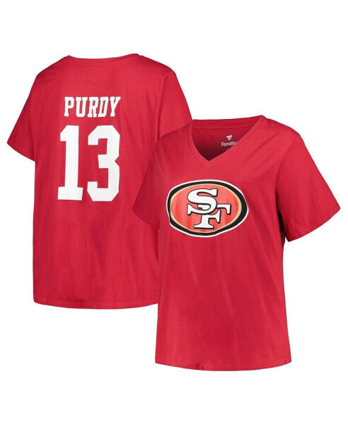 Футболка с в-образным вырезом Fanatics женская с именем и номером игрока Brock Purdy San Francisco 49ers плюс-сайз - Scarlet