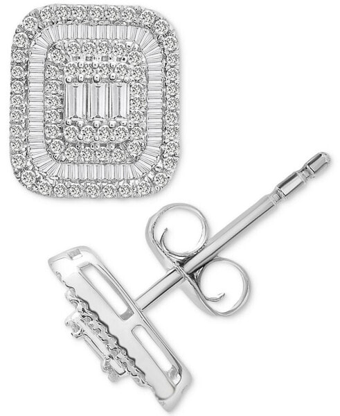 Diamond Round & Baguette Square Halo Cluster Stud Earrings (1 ct. t.w.) in 14k White Gold, Created for Macy's