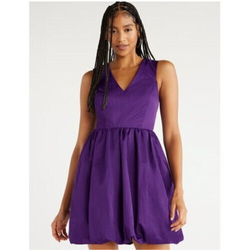 Scoop Balloon Mini Dress Women's M Purple Sleeveless Shirring Waist Bubble Hem