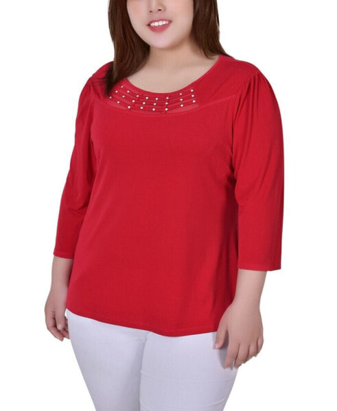Plus Size 3/4 Sleeve Crepe Knit with Strip Details Top