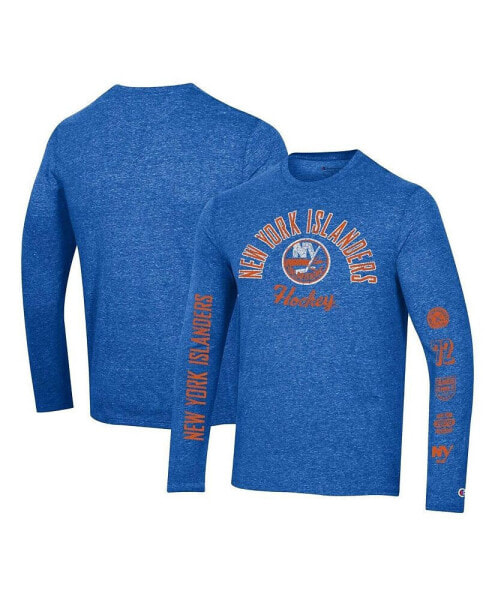 Men's Heather Royal Distressed New York Islanders Multi-Logo Tri-Blend Long Sleeve T-shirt