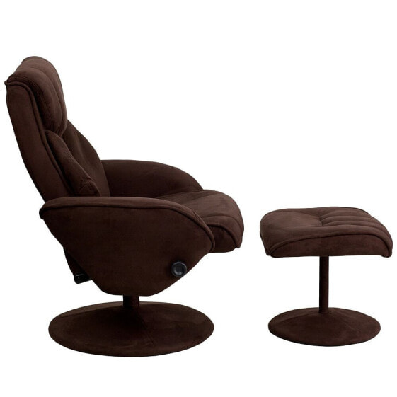 Contemporary Brown Microfiber Recliner And Ottoman With Circular Microfiber Wrapped Base