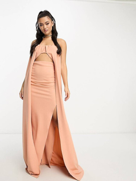 ASOS DESIGN premium bardot cape detail maxi dress in camel