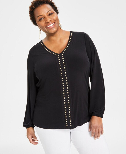 Plus Size Studded V-Neck Blouson-Sleeve Top, Created for Macy's