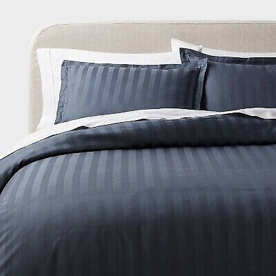 3pc King Luxe Striped Damask Duvet Cover and Sham Set Dark Teal Blue - Threshold