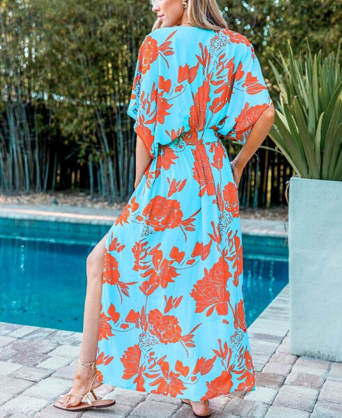 Women's Leaf Print Dolman Sleeve Maxi Beach Dress