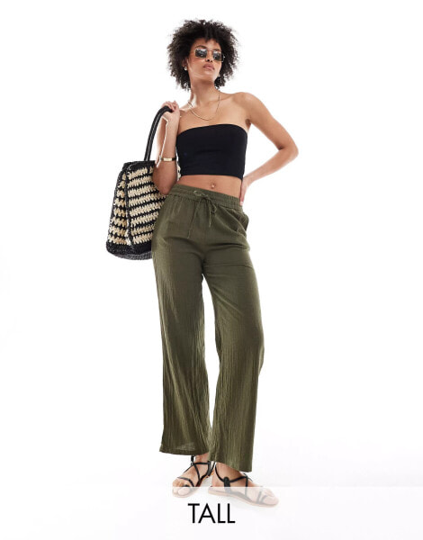 ONLY Tall linen texture wide leg trouser in khaki