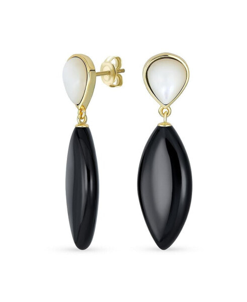 Unique Geometric Linear White Black Onyx Rhombus Shape Tear Drop Natural Multi-Gemstone Party Dangling Earrings for Women in 14K Yellow Gold Plated