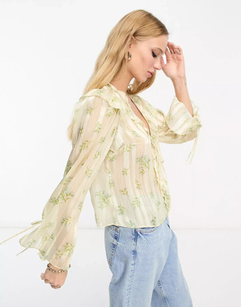 River Island tie front ruffle chiffon blouse in cream floral