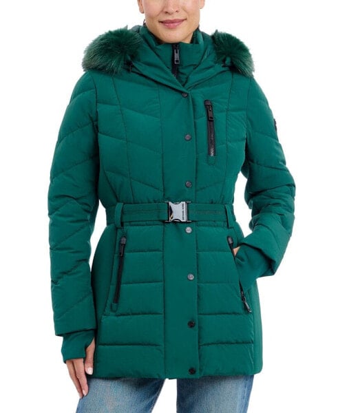 Women's Belted Bibbed Hooded Puffer Coat