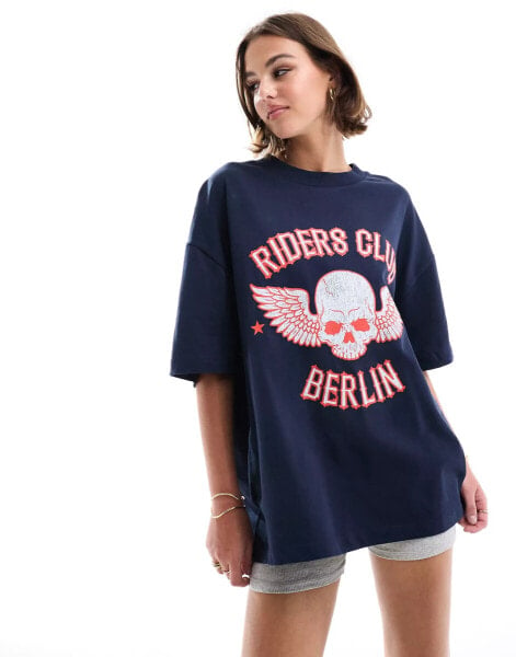 ASOS DESIGN boyfriend fit heavyweight t-shirt with rider club rock graphic in navy