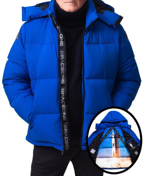 Men's Nasa Inspired Hooded Puffer Jacket with Printed Astronaut Interior