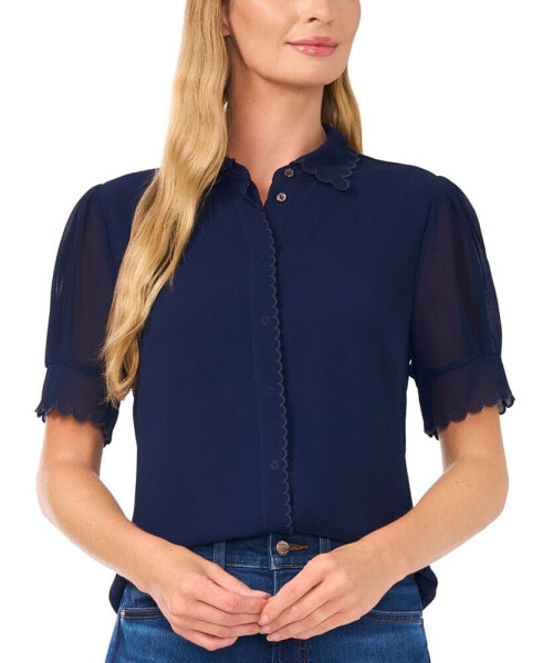 Women's Scalloped Puff-Sleeve Button-Front Blouse