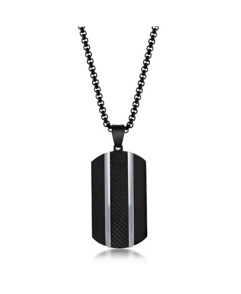 Mens Stainless Steel Black Plated Silver Lined Dog Tag Necklace