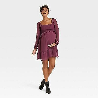 Long Sleeve Smocked Chiffon Mini Maternity Empire Waist Dress - Isabel